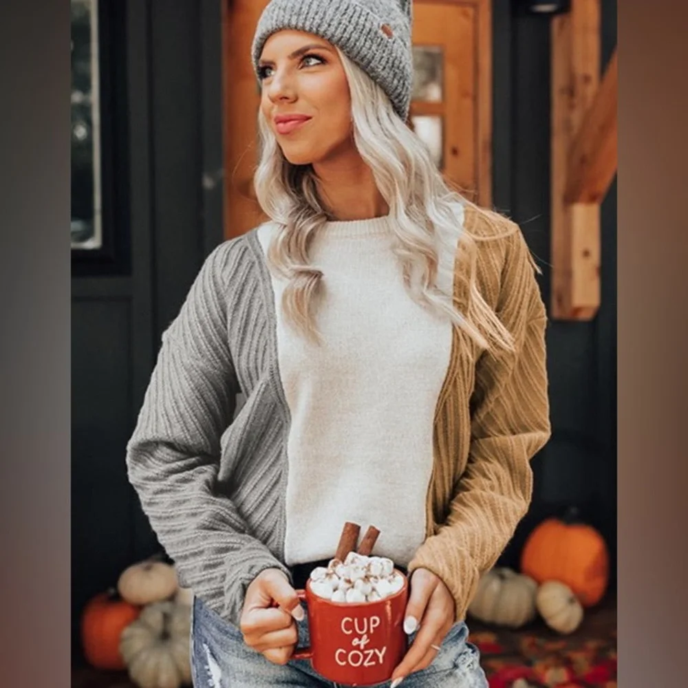 Cozy Sweater, Color Block, Cable Knit Texture, White/Tan/Gray, M L XL 2X - Picture 9 of 16